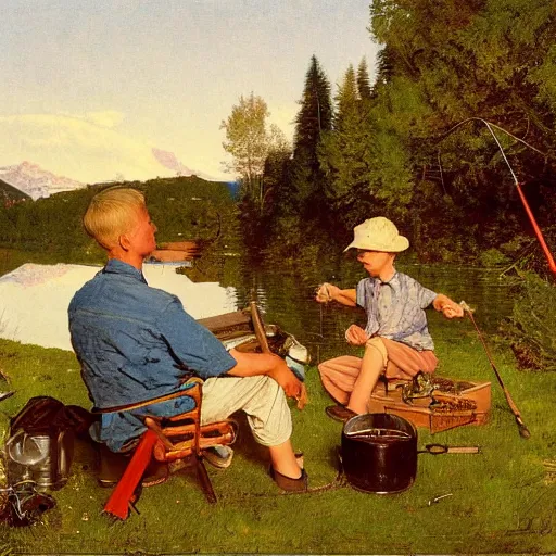 Image similar to painting of a blonde boy with blue eyes and his mother and father, fishing next to a high lake in Switzerland, forest, tent, golden hour, by Norman Rockwell,