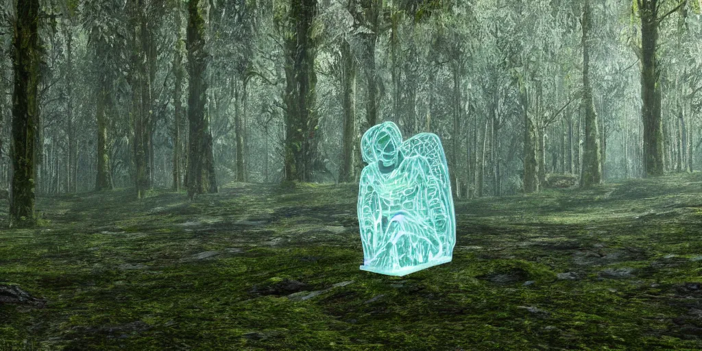 Image similar to a transparent glas statue on a sunny day in a mossy forest. Hyperrelistic, concept art, unreal engine