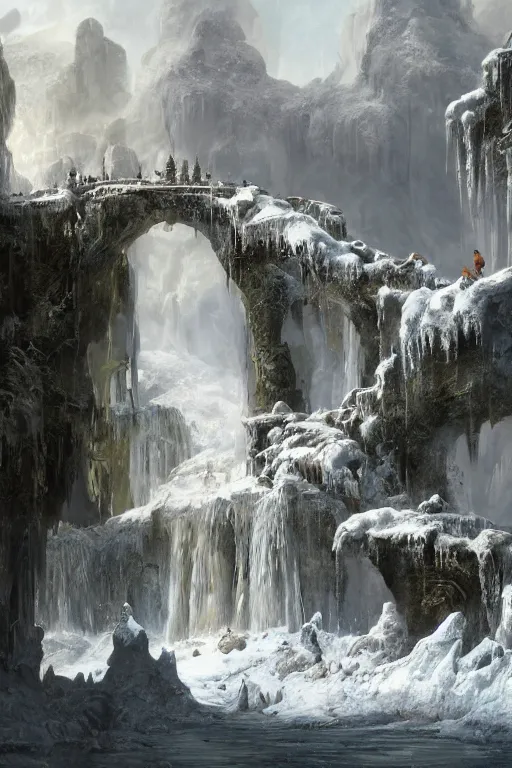 Image similar to a palace made of crystal stone with arches and bridge on top of a waterfall in the snow, blizzard, a small stream runs beneath the waterfall, landscape, raphael lacoste, eddie mendoza, alex ross, concept art, matte painting, highly detailed, rule of thirds, dynamic lighting, cinematic, detailed, denoised, centerd