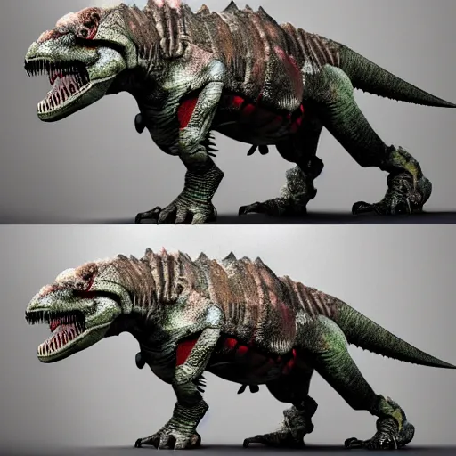 Image similar to 3 d render of a t - rex with a robotic armor. realistic. photo. photorealistic. detailed. high quality. high resolution. lossless quality. lossless. 8 k. hdr. 4 k. 8 k resolution. 1 6 k resolution