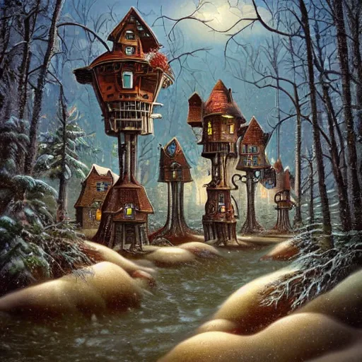 Prompt: a steampunk village on tall stilts in a snowy forest , by Naoto Hattori,