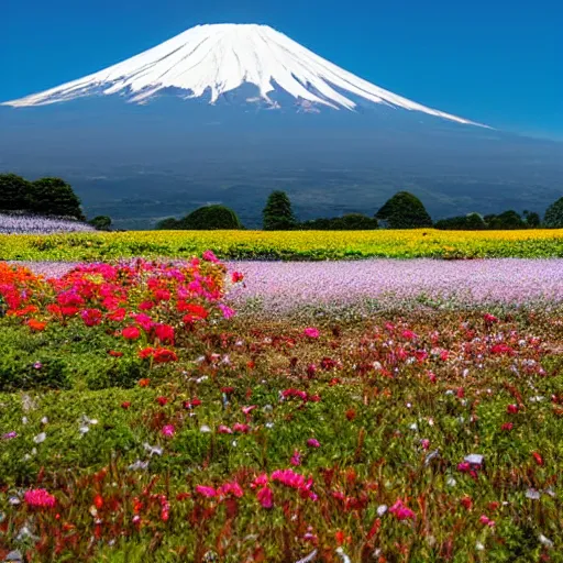 Prompt: Field of mixed flowers, Mount Fuji blurred in the background, good news on Sunday