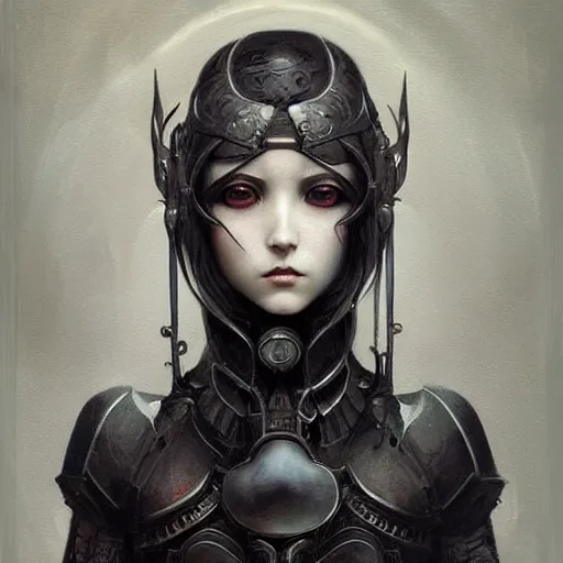 Image similar to by Tom Bagshaw, ultra realist soft painting of anime universe of curiosities, single female ghost mutation wearing a full gothic armor, partial symmetry accurate features, very intricate details, focus, curvy, award winning, ultra dense fog