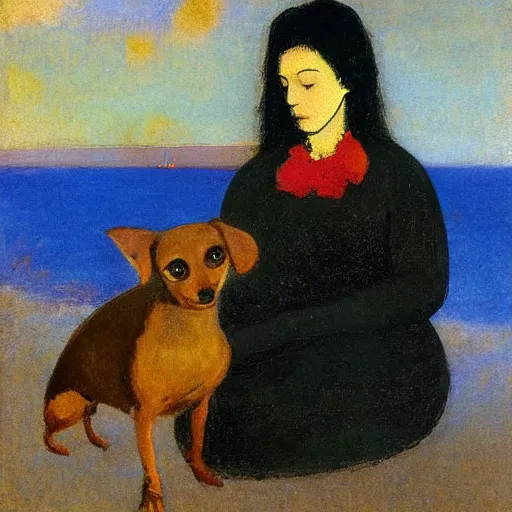 Prompt: a woman and her black and brown chihuahua by the sea by odilon redon