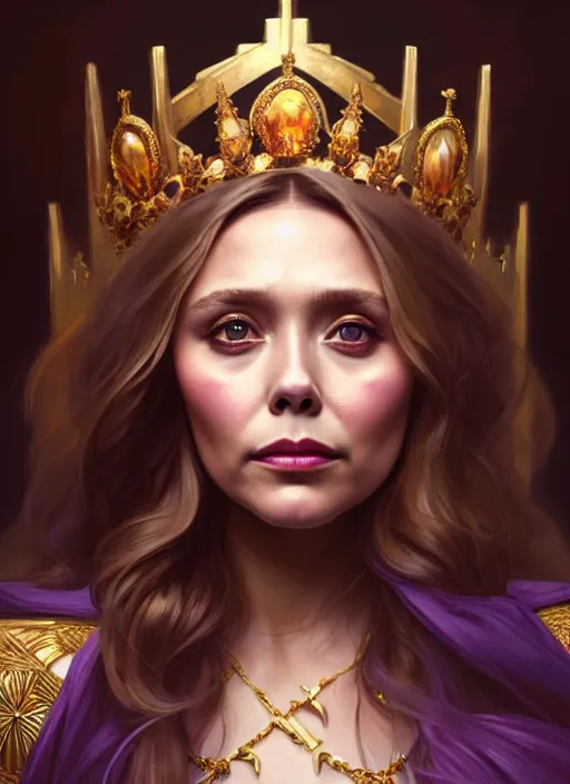 Image similar to portrait of elizabeth olsen as a queen, throne, jewelry, greek, amethyst, intricate, headshot, highly detailed, digital painting, artstation, concept art, sharp focus, cinematic lighting, illustration, art by artgerm and greg rutkowski, alphonse mucha, cgsociety