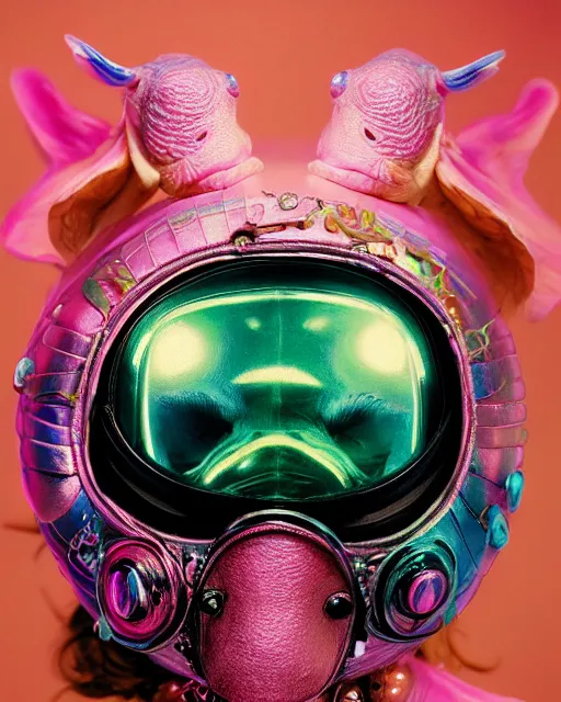 Image similar to natural light, soft focus portrait of a cyberpunk anthropomorphic turtle with soft synthetic pink skin, blue bioluminescent plastics, smooth shiny metal, elaborate ornate head piece, piercings, skin textures, by annie leibovitz, paul lehr