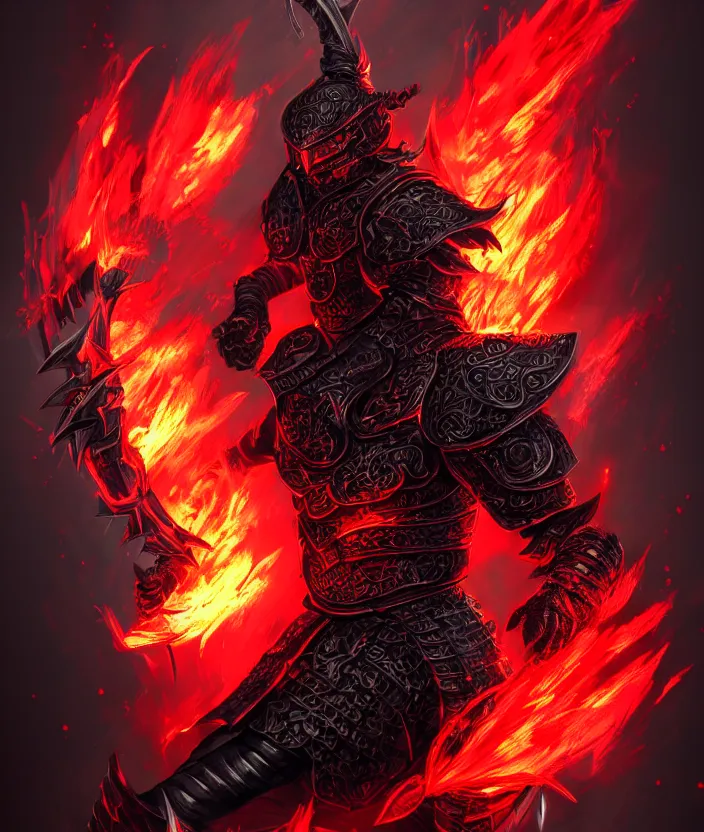 Image similar to a detailed manga character illustration of a dark warrior in black plated armour surrounded by red flames, trending on artstation, digital art, 4 k resolution, detailed, octane render, high quality, sharp focus, hq artwork, insane detail, concept art, character concept, character illustration, full body illustration