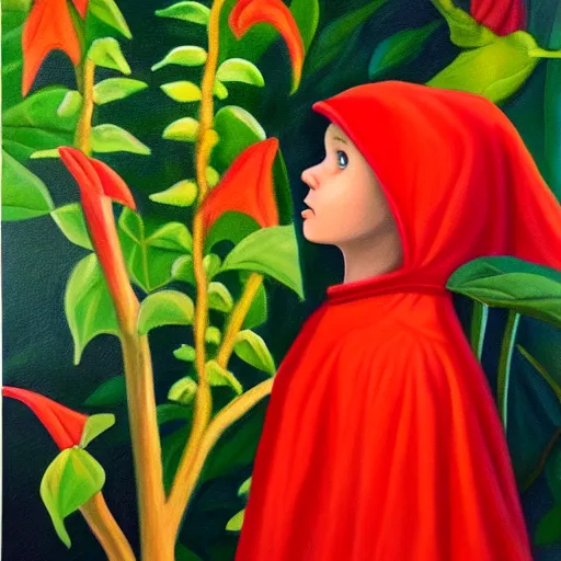 Image similar to oil painting of little red riding hood gazing up at brugmansia suaveolens flowers