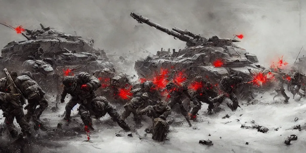 Image similar to war scene, Extremely complicated Mechanics interwined with human body, tearing, explosions, blizzard, brutal, dark, concept art, jakub rozalski