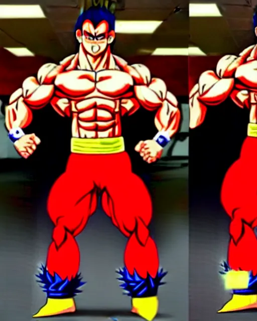 Image similar to rodrigo duterte, duterte as super saiyan in fighting pose with blonde spiky hair and body builder muscles and red pants, realistic