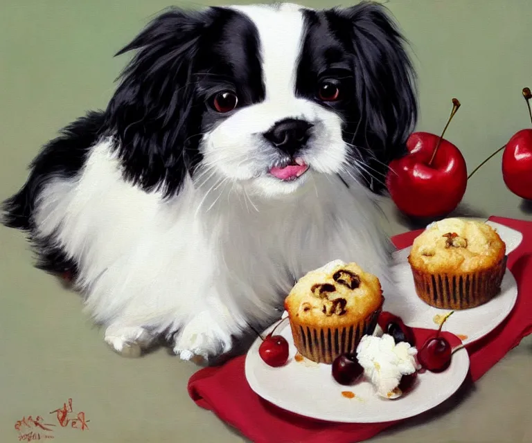 Image similar to white and black japanese chin dog eating cherry muffins, oil painting