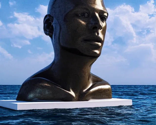 Prompt: a giant abstract sculpture of a human head on the ocean water, in the style of chad knight, award winning, cinematic, hyper - realistic, very detailed, realistic water splashes, ray tracing, 8 k resolution, long - shot, sharp focus, low angle, 8 5 mm photograph, wide lens