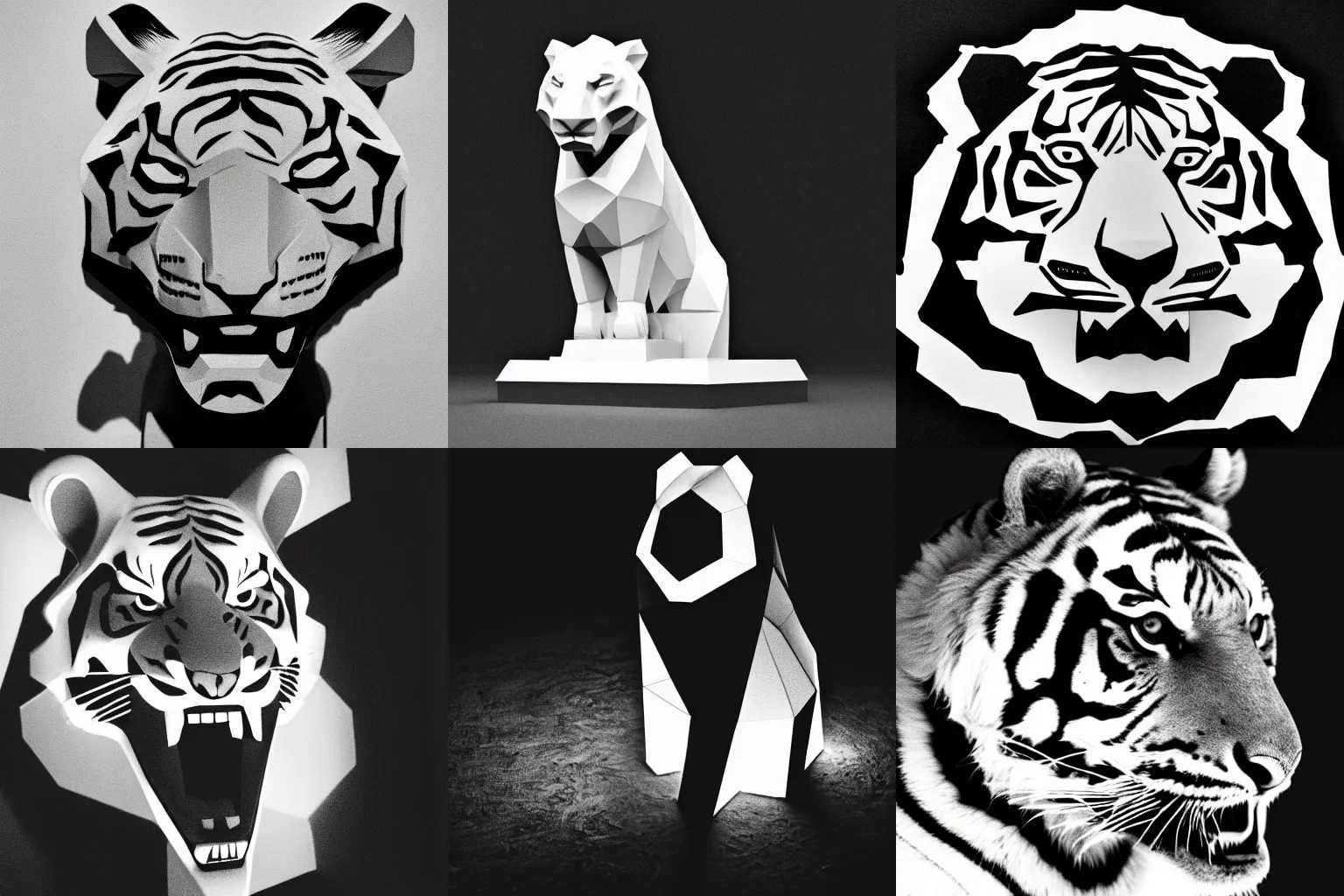 Prompt: angry tiger white low polygon statue shot in the dark black and white photo
