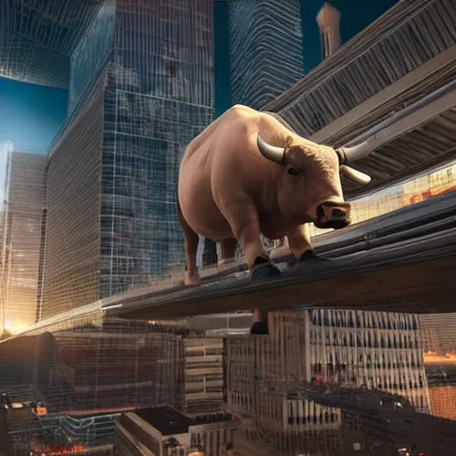 Prompt: a cute bull looking in awe at a huge city in a massive cylindrical space station, epic, vibrant