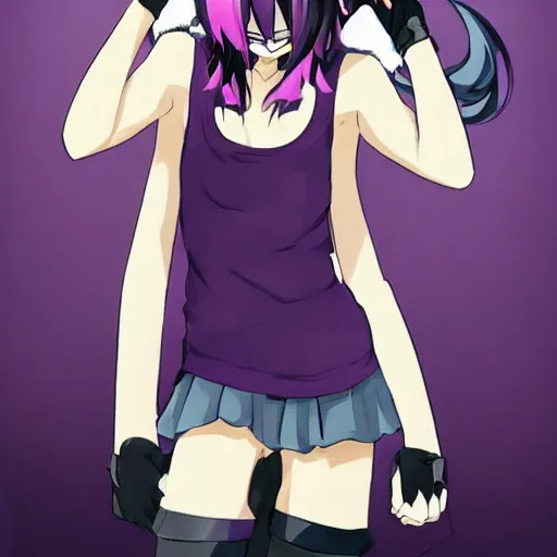 Prompt: anime girl with short purple hair and cat ears and a black tank top, aesthetic