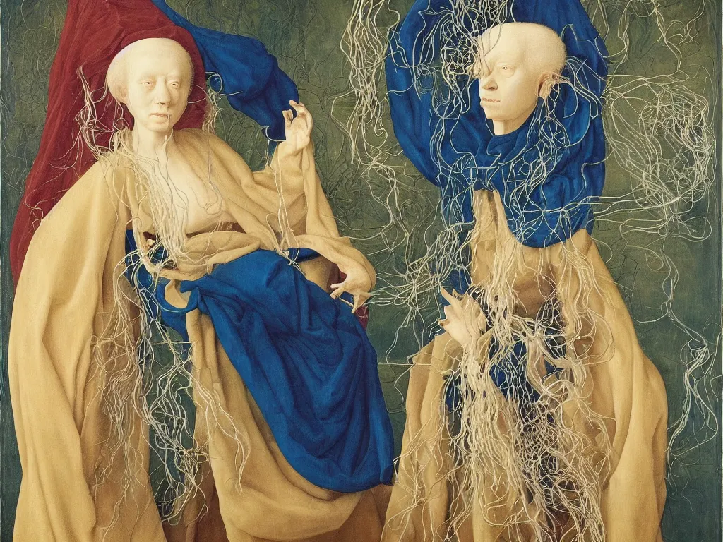 Prompt: Portrait of albino mystic with blue eyes, with exotic beautiful medusae, jellyfish. Painting by Jan van Eyck, Audubon, Rene Magritte, Agnes Pelton, Max Ernst, Walton Ford