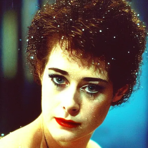 Image similar to close up portrait of a young sean young as rachael tyrell in blade runner at tyrell headquarters photographed by annie leibovitz, artdeco, cyberpunk, colorful!, nighttime!, raining!