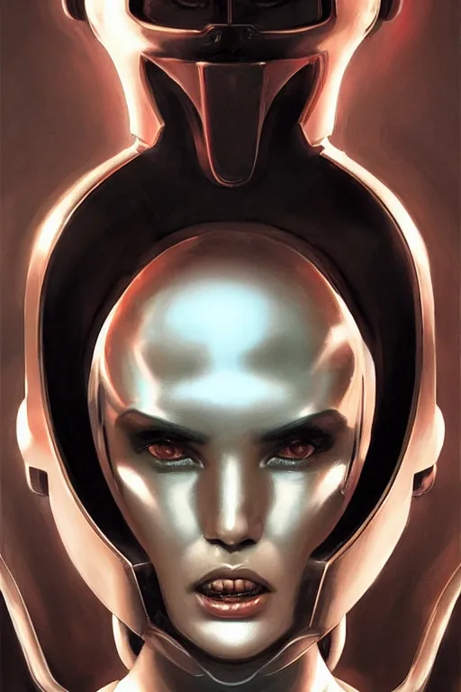 Image similar to retro-futuristic female android in chrome armour, facial portrait, rim light, ornate pattern, evil eyes, angry expression, painting by vincent di fate, artgerm julie bell beeple, Smooth gradients, High contrast, depth of field, very coherent symmetrical artwork