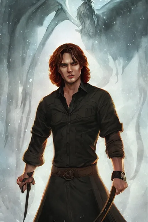 Image similar to sam winchester as a mage in the cover of an acotar book. d & d!, fantasy style, sharp focus!, ultra detailed, art by artgerm, wlop, ilya kuvshinov