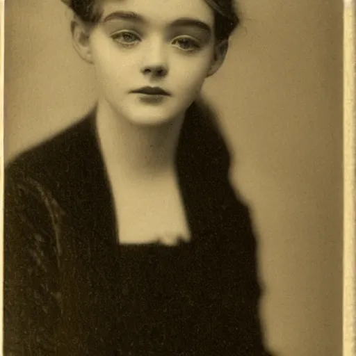 Image similar to headshot edwardian photograph of middle - aged elle fanning, realistic face, 1 9 0 0 s, 1 9 1 0 s, 1 9 2 0 s, grainy, victorian, detailed, slightly blurry