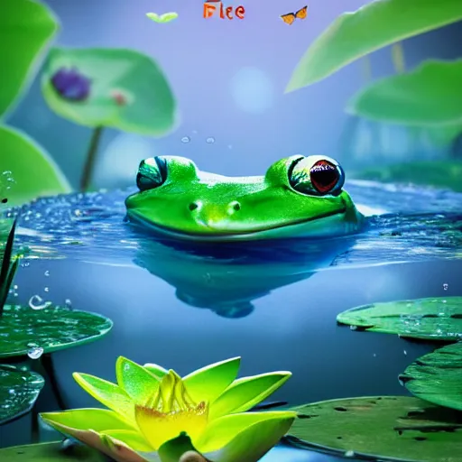 Prompt: frog cute character in water with water lily fireflies around, cute big eyes with details in body, poster, bioluminescence, vegetation, water bubbles, flying shot, portrait, full shot, rim light, pixar, octane render,