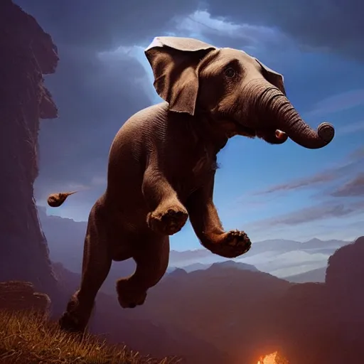 Prompt: dog jumps over hill, dog looks like elephant with trunk!!, intricate, epic lighting, cinematic composition, hyper realistic, 8 k resolution, unreal engine 5, by artgerm, tooth wu, dan mumford, beeple, wlop, rossdraws, james jean, marc simonetti, artstation