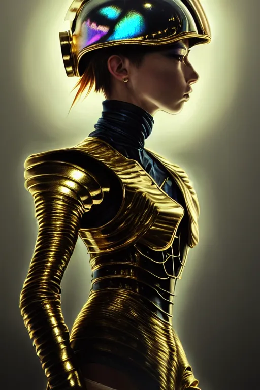 Prompt: hyperdetailed portrait of one stunningly beautiful european girl androgynous guard made of iridescent metals, smoke, leds, inspired by helmet newton, ross tran and wlop and masamune shirow and kuvshinov, concept art, intricate, photorealistic, octane render, rtx, hdr, unreal engine, dnd digital art by artgerm fine face