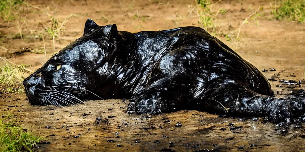 Image similar to a panther, made of ferrofluid, bathing inside the tar pit, full of tar, covered with ferrofluid. dslr, photography, realism, animal photography, color, savanna, wildlife photography