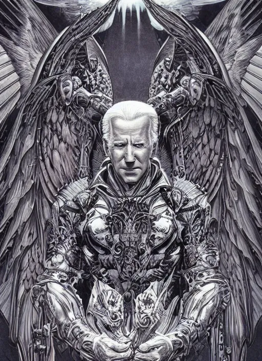 Image similar to joe biden's angelic true form revealed, fantasy, heroic, high details, intricate details, by vincent di fate, artgerm julie bell beeple, 1 9 8 0 s, inking, vintage 8 0 s print, screen print