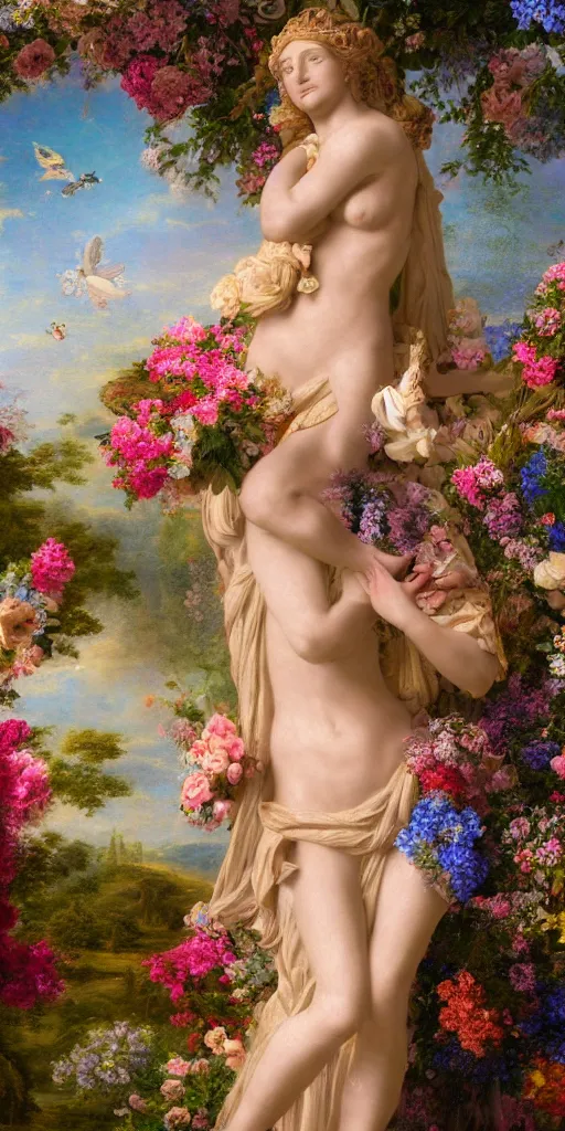 Image similar to high definition, digital, hyperreal, 2 k, tilt - shift, aphrodite wearing a beautiful dress, goddess of love, surrounded by flowers, in the style of a painting