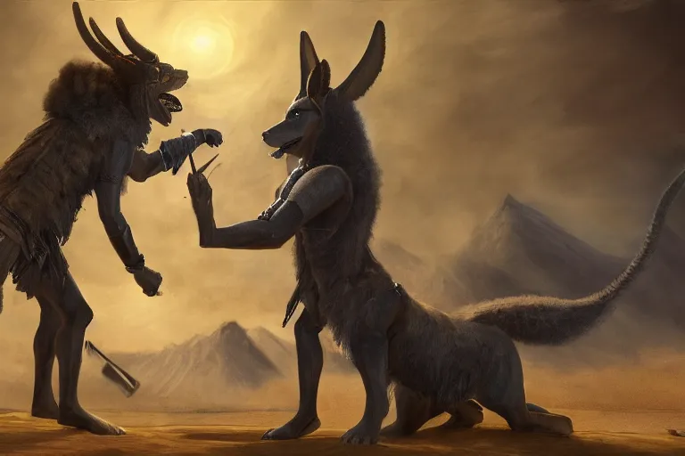 Image similar to battle to the death between anubis and bob ross, 4 k, hd, concept art