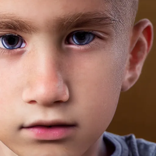 Image similar to a closeup portrait of a boy with blonde hair and brown eyes. Extremely clear and high quality eyes with reflection, realistic face and details, clear lips and high quality, real photo