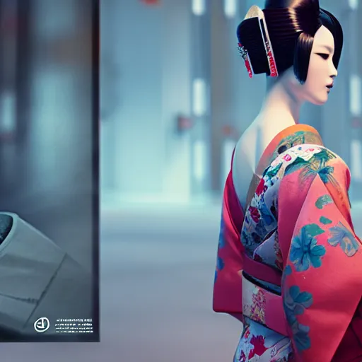 Prompt: an android geisha praying, looking left, wearing a flowing kimono and tattoos, octane render, unreal engine, 8 k, cinematic, artwork by ilya kuvshinov