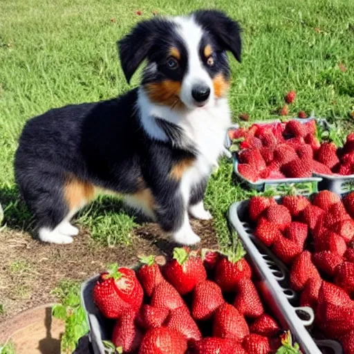 Image similar to a mini australian shepard wearing rubber boots while picking strawberries