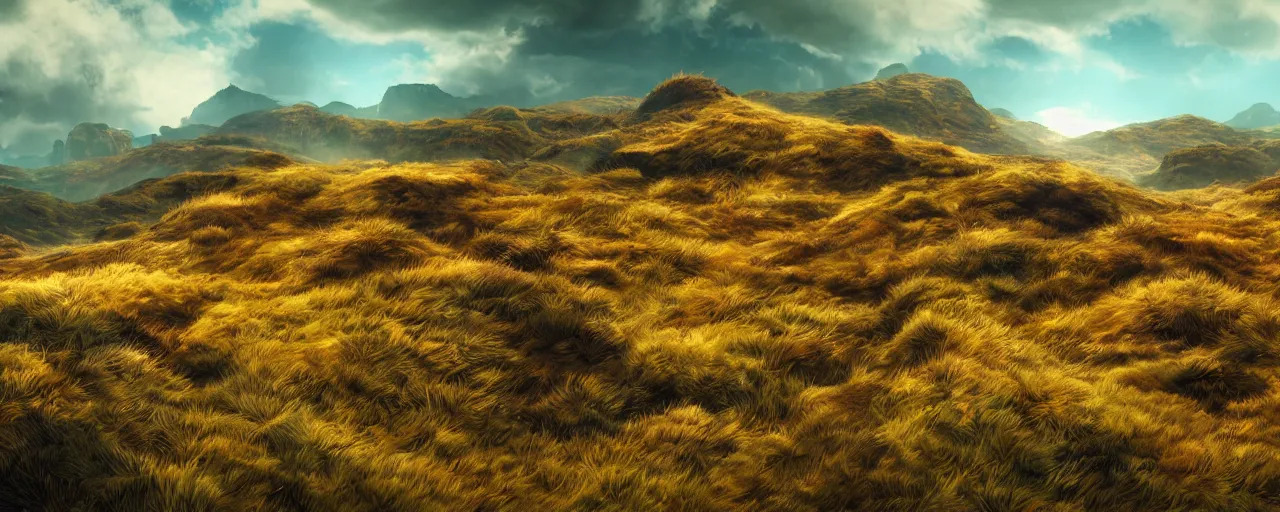 Image similar to ” otherwordly landscape of furry hills, [ colourful, cinematic, detailed, epic, widescreen, opening, establishing, mattepainting, photorealistic, realistic textures, octane render ] ”