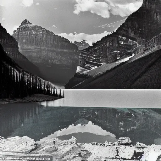 Prompt: still taken from 1945 film of Lake Louise in Banff National park, the water is orange