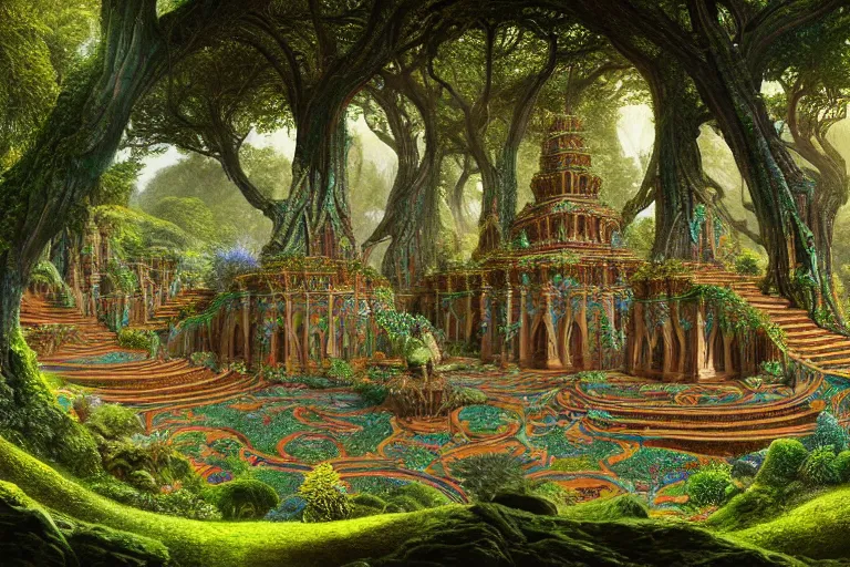 Image similar to a beautiful and highly detailed digital painting of an intricately designed elven temple in a lush valley, psychedelic patterns, intricate details, epic scale, 8 k, sharp focus, photorealism, artstation, cgsociety, by caspar friedrich, albert bierstadt, james gurney, alex grey, brian froud,