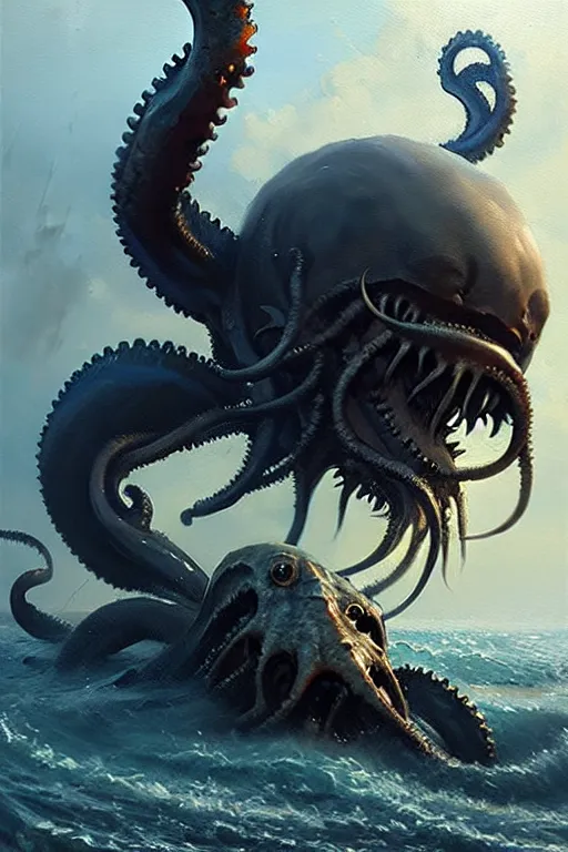 Image similar to greg rutkowski oil painting. kraken