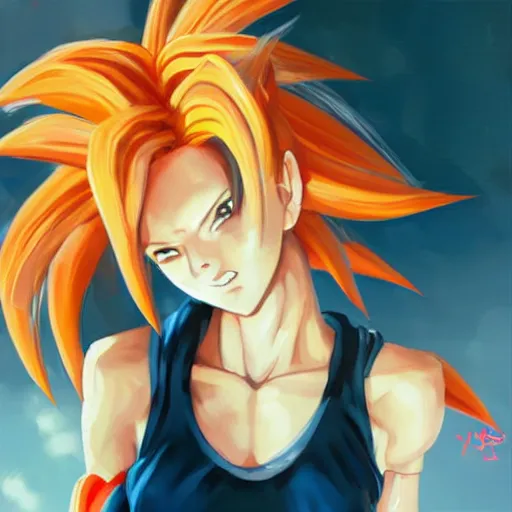 Image similar to kawaii female version of goku, painting by WLOP