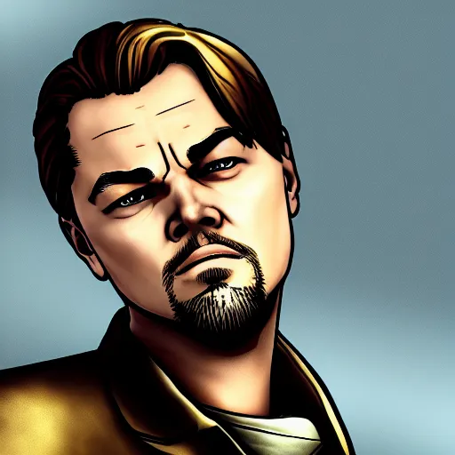 Image similar to leonardo dicaprio portrait, borderlands, tales from the borderlands, the wolf among us, comic, cinematic lighting, studio quality, 8 k