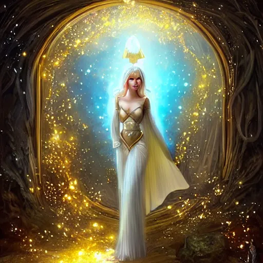 Image similar to an elven woman offering golden glitter magic that is floating into a gateway to the dream dimension, fantasy, art station, artgerm