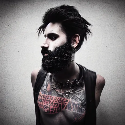 Image similar to bust portrait of handsome proud man with short black hair with grey hair, very short full beard warrior, cyberpunk, fashion editorial photography, neon color scheme, waist up, low angle