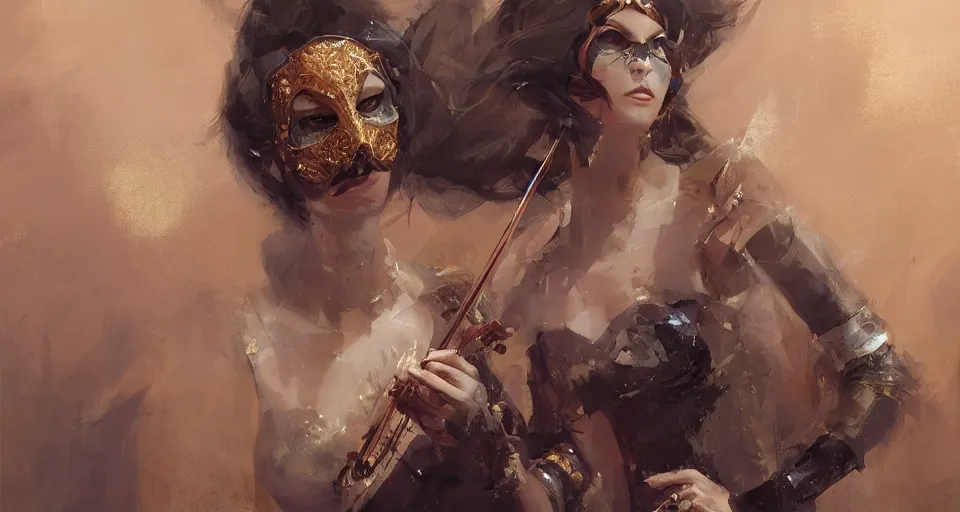 Image similar to craig mullins and ghibli digital art of masked female violinist, she wears a strong exotic costumes, gold jewelry, black hair, inside the theater, many audience, solo performance on stage unreal engine, hyper realism, realistic shading, cinematic composition, realistic render, octane render, detailed textures, photorealistic, wide shot