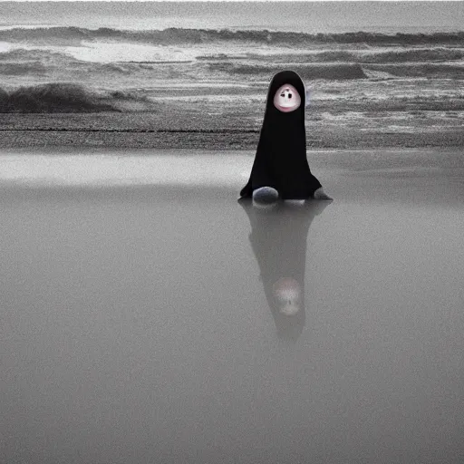 Image similar to glitch girl and very very tall monster wrapped in a blanket looks into the distance on the beach, in the rain, style of Hiroshi Sugimoto, atmospheric,