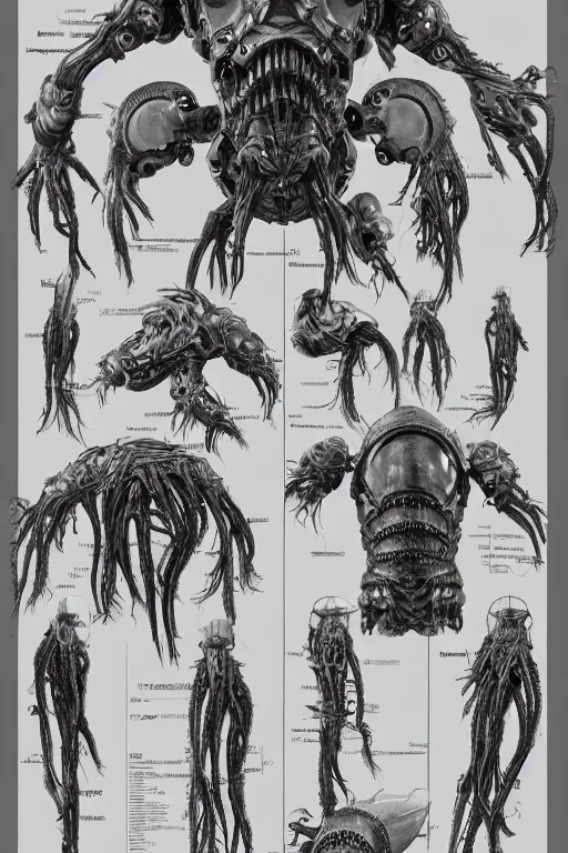 Image similar to cyborg dreadlock mutant with gunmetal grey skin, medical anatomy, very symmetrical face, highly detailed, tentacles mecha implants, three - perspective / three - view reference sheet ( front / back / side ), in the style of dan ouellette, dren from splice, hr giger, sil from species, artstation, unreal engine