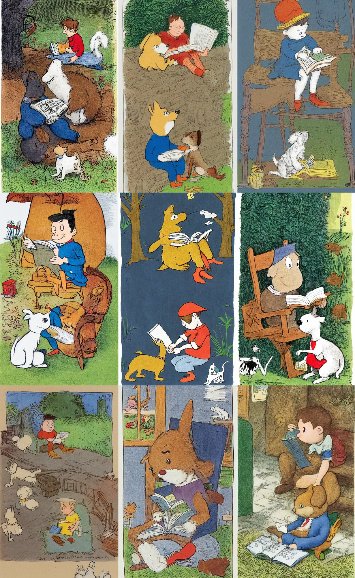 Prompt: illustration : boy with dog reading a book. maurice sendak, beatrix potter, clement hurd, e. h. shepard, beatrice blue, sir quentin blake, pauline baynes, richard scarry. highly detailed 8 k. intricate.