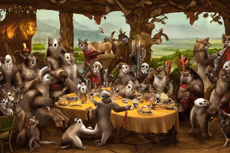 Image similar to badgers and weasels in a banquet hall having a feast together as friends, fantasy art, furry art, artastation, 4k