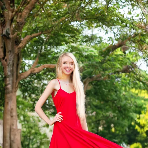 Image similar to photo of slim girl model, blonde, smiling , 20yo, wearing a red dress with high slit, high detail, studio, sharp, 85mm sigma art lens