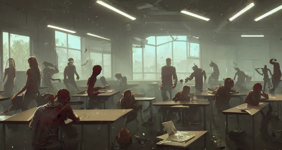 Prompt: highly detailed modern high school classroom with zombies in gta v, terrible gaping wounds, stephen bliss, unreal engine, fantasy art by greg rutkowski, loish, rhads, ferdinand knab, makoto shinkai and lois van baarle, ilya kuvshinov, rossdraws, tom bagshaw, global illumination, detailed and intricate environment