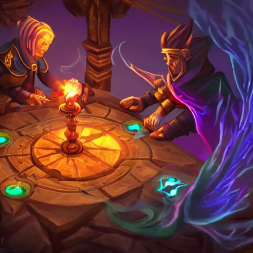 Prompt: glowing magic scroll floating on the table, magic smoke trails on the magical pen, epic fantasy style, in the style of hearthstone artwork